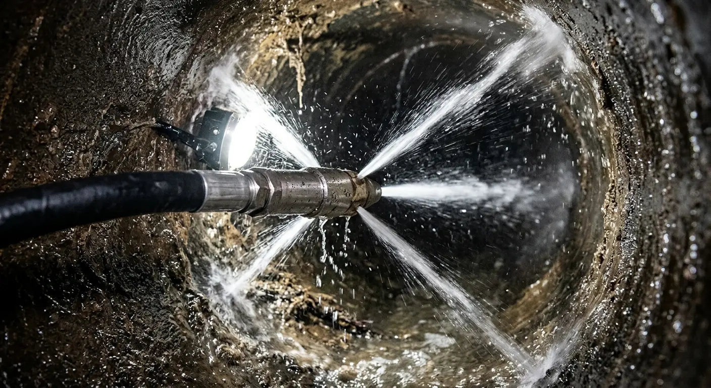 High-pressure hydro jetting nozzle cleaning sewer pipe for Sewer Line Relining in Clarks Summit