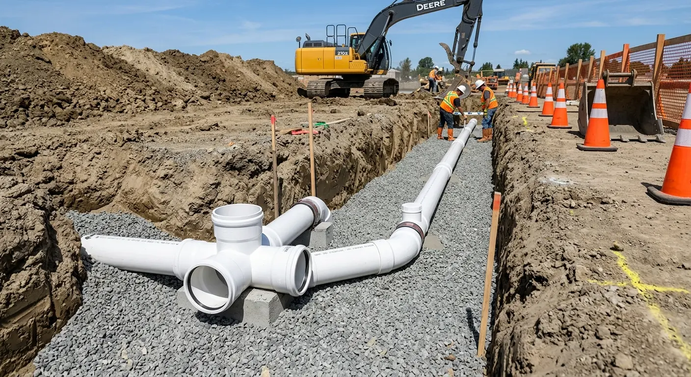 New PVC sewer pipe installation in open trench for Sewer Backup in Clarks Summit