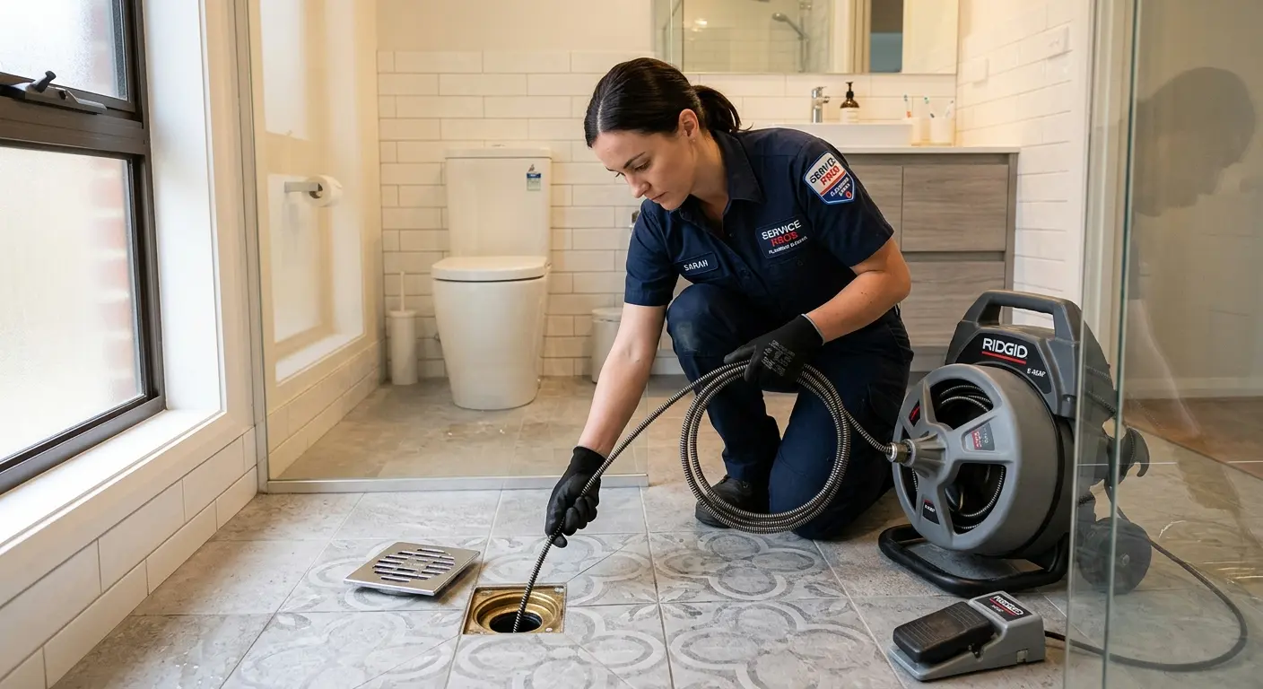 Technician clearing a bathroom floor drain for Drain Cleaning in Clarks Summit
